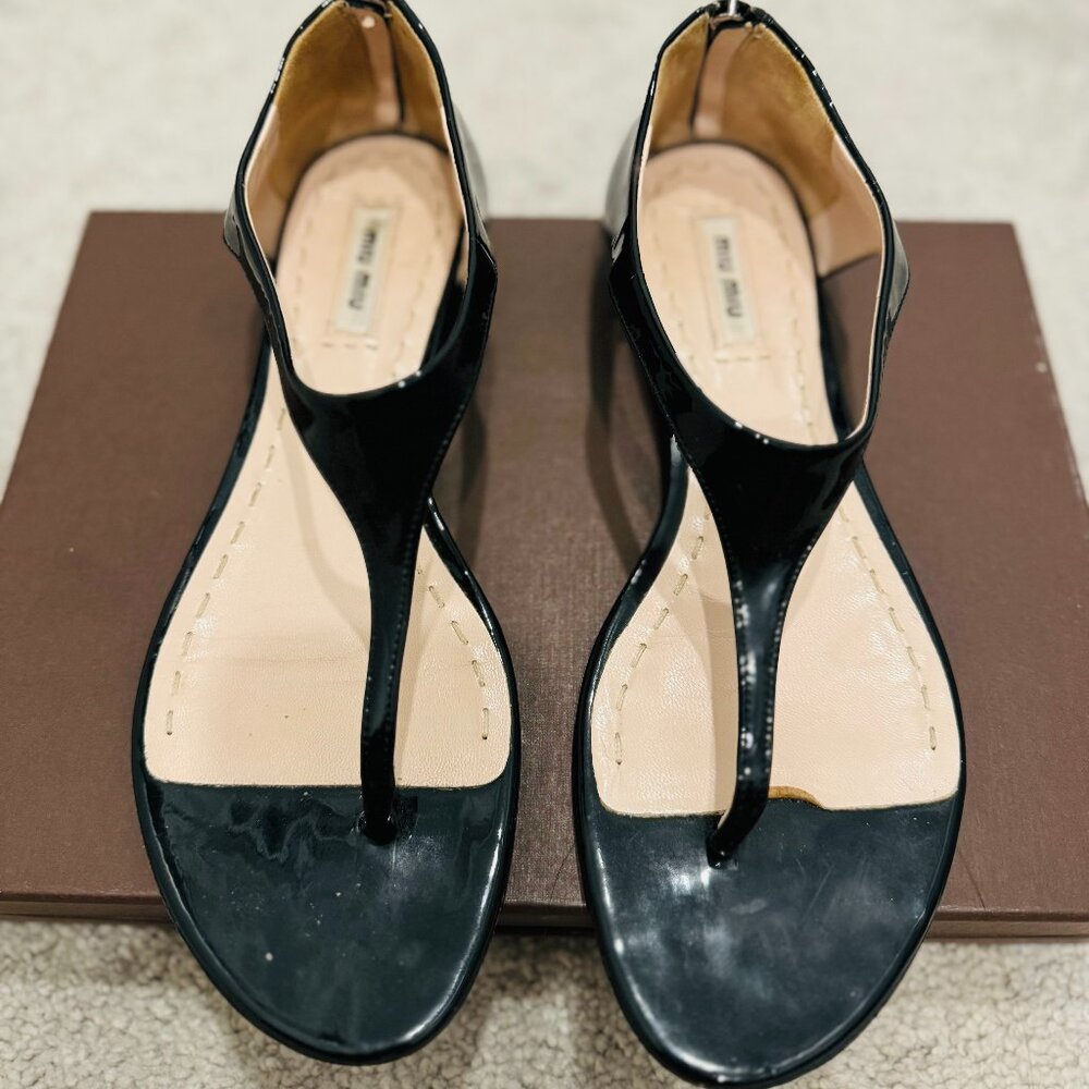 Miu Miu Black, Patent Leather, Crystal Embellishment Sandals. Size 8